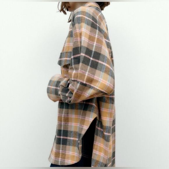 NEW Zara Oversized Plaid Shacket Overshirt Flannel Jacket Tan Pink Gray Size XL - Picture 3 of 16